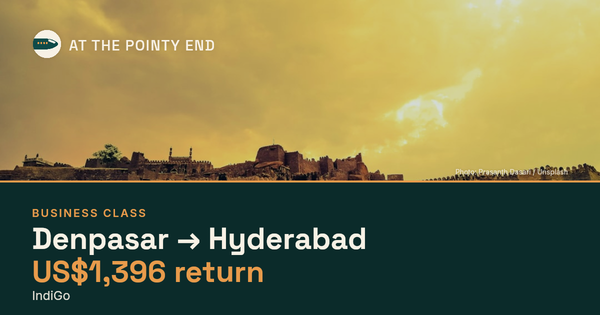 Business return to Hyderabad from US$1,396, well below typical. Checked against live availability.