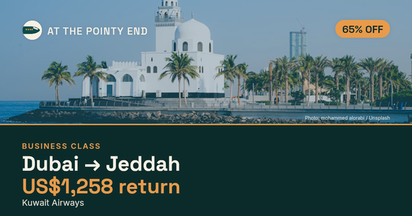 Business return to Jeddah from US$1,258, about 65% off. Checked against live availability.
