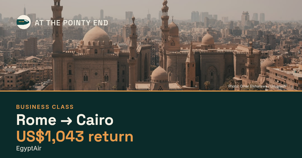 Business return to Cairo from US$1,043, well below typical. Checked against live availability.