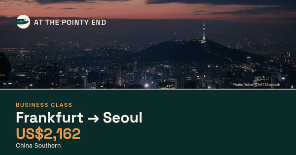Business one-way to Seoul from US$2,162, well below typical. Checked against live availability.