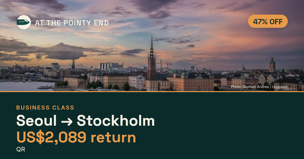 Business return to Stockholm from US$2,089, about 47% off. Checked against live availability.