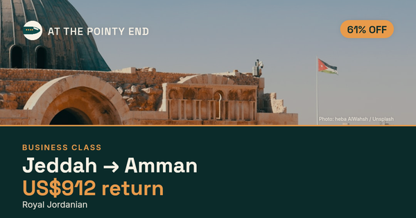 Business return to Amman from US$912, about 61% off. Checked against live availability.
