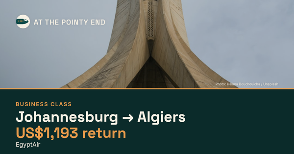 Business return to Algiers from US$1,193, well below typical. Checked against live availability.