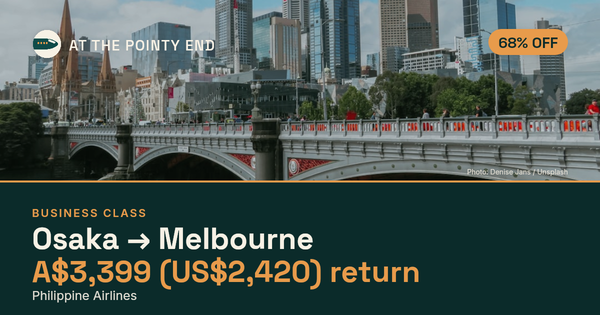 Business return to Melbourne from US$2,420, about 68% off. Checked against live availability.