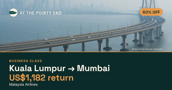 Business return to Mumbai from US$1,182, about 60% off. Checked against live availability.