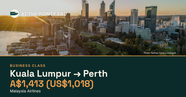 Business one-way to Perth from US$1,018. Checked against live availability.