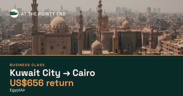 Business return to Cairo from US$656, well below typical. Checked against live availability.