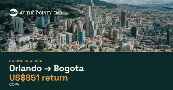 Business return to Bogota from US$851, well below typical. Checked against live availability.