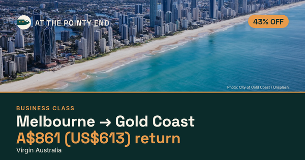 Business return to Gold Coast from US$613, about 43% off. Checked against live availability.