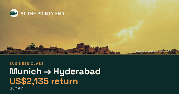 Business return to Hyderabad from US$2,135, well below typical. Checked against live availability.