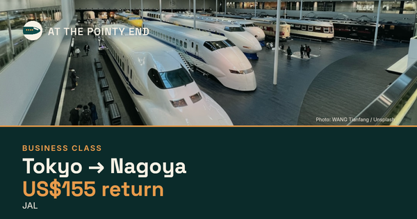 Business return to Nagoya from US$155, well below typical. Checked against live availability.