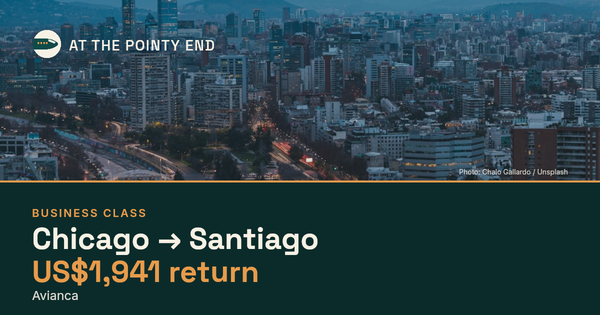 Business return to Santiago from US$1,941, well below typical. Checked against live availability.