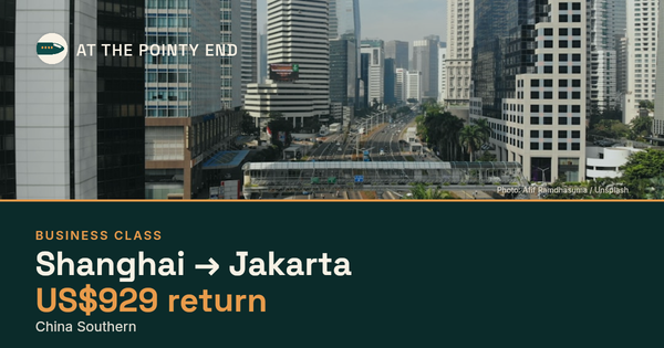Business return to Jakarta from US$929, well below typical. Checked against live availability.