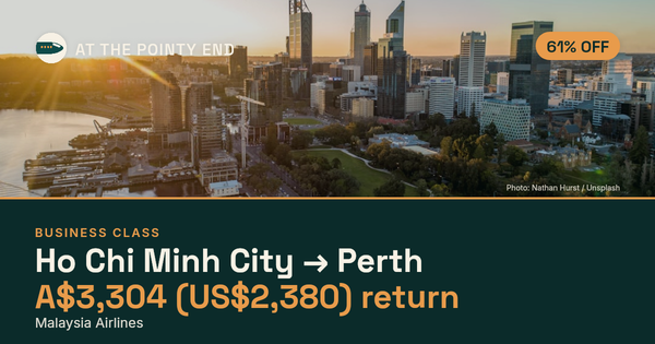 Business return to Perth from US$2,380, about 61% off. Checked against live availability.