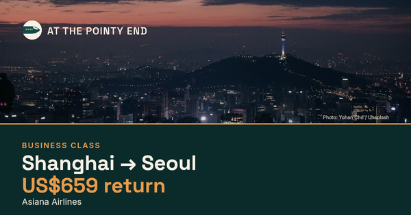 Business return to Seoul from US$659, well below typical. Checked against live availability.