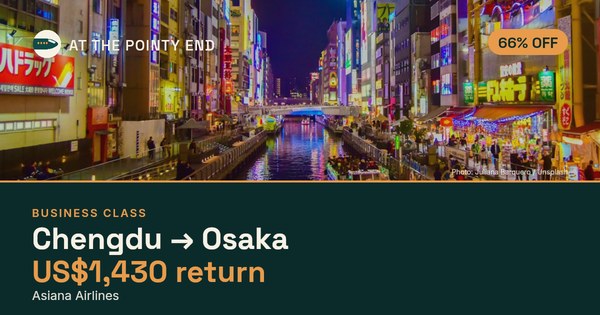 Business return to Osaka from US$1,430, about 66% off. Checked against live availability.