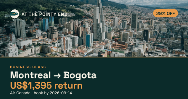 Business return to Bogota from US$1,395, about 29% off. Book by 14 Sept.