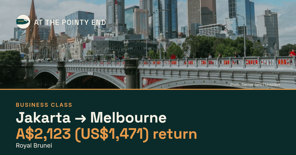 Business return to Melbourne from US$1,471, well below typical. Checked against live availability.