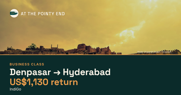 Business return to Hyderabad from US$1,130, well below typical. Checked against live availability.