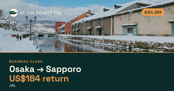 Business return to Sapporo from US$184, about 63% off. Checked against live availability.