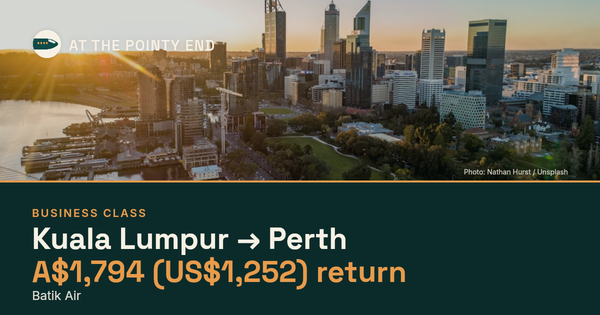 Business return to Perth from US$1,252, well below typical. Checked against live availability.