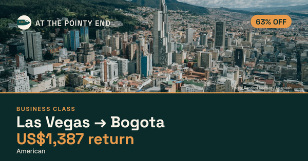Business return to Bogota from US$1,387, about 63% off. Checked against live availability.