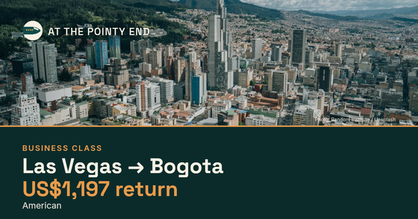 Business return to Bogota from US$1,197, well below typical. Checked against live availability.