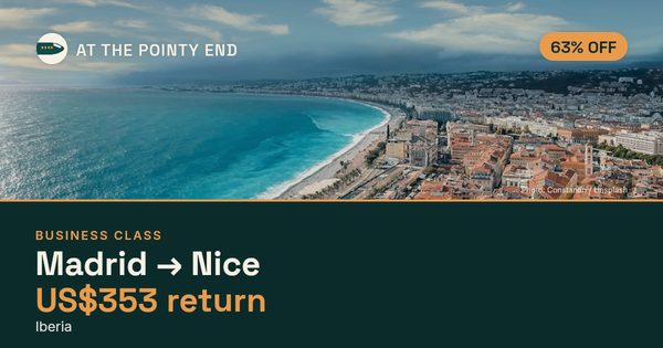 Business return to Nice from US$353, about 63% off. Checked against live availability.