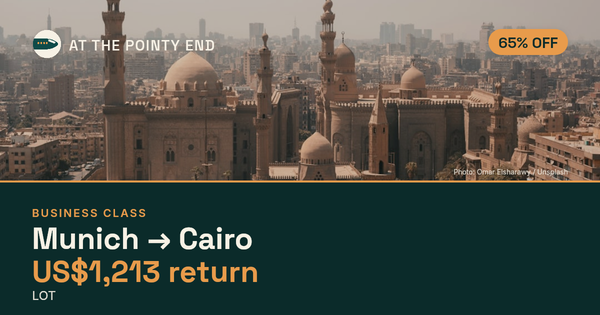 Business return to Cairo from US$1,213, about 65% off. Checked against live availability.