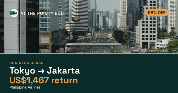 Business return to Jakarta from US$1,467, about 68% off. Checked against live availability.
