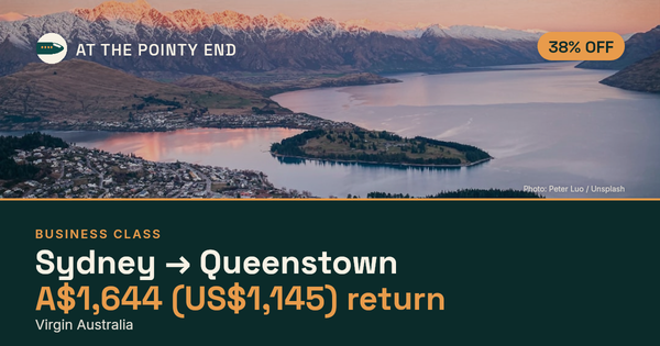 Business return to Queenstown from US$1,145, about 38% off. Checked against live availability.