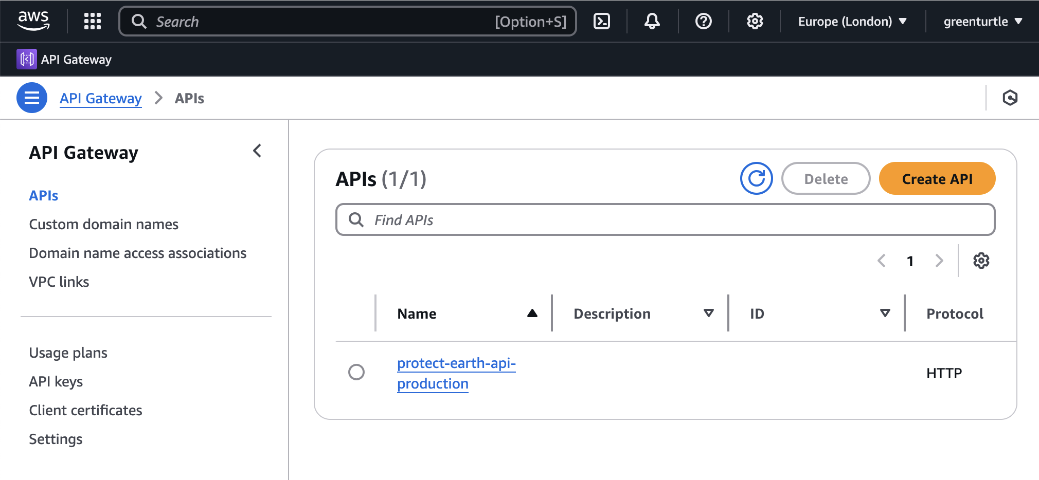 Screenshot of the AWS admin panel, on the API Gateway section, with APIs selected on the navigation. There is one API called protect-earth-api-production which was made by Vapor.