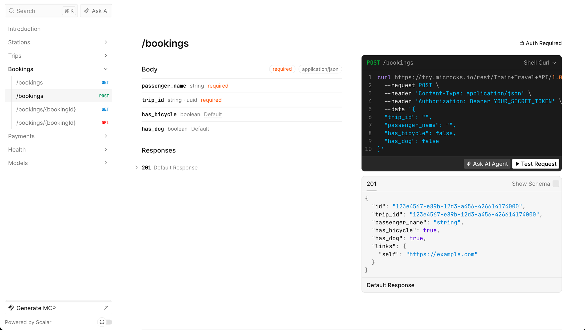 API documentation, using the Stripe-like three-column layout we've come to expect. This particular one Powered by Scalar.