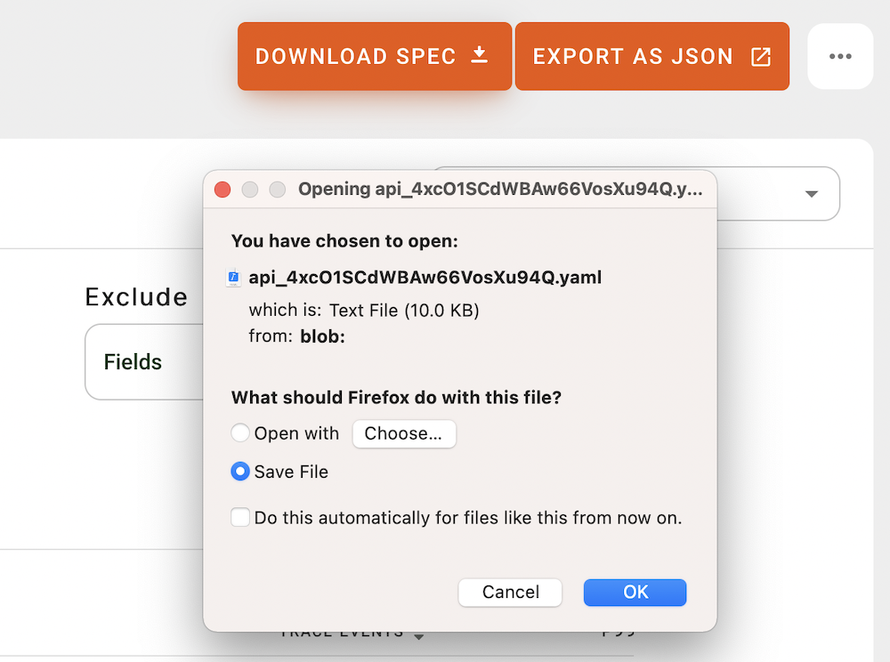The "Download Spec" button will download an OpenAPI file in YAML