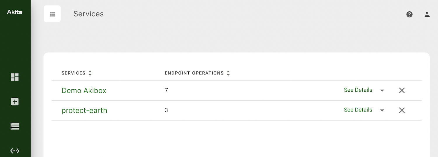 Once logged into Akita dashboard, click Services on the navigation bar, and you should see your new service showing up.