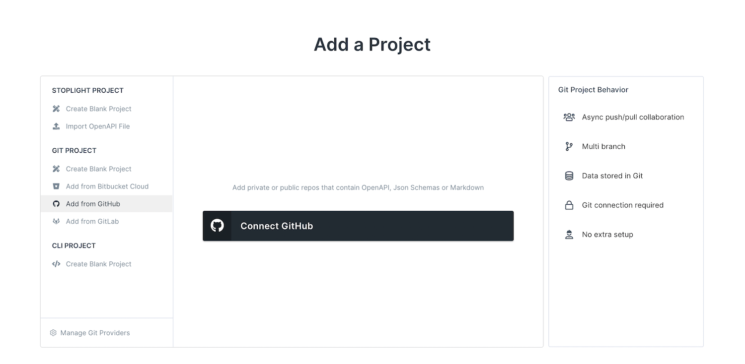Connect a project to Git in Stoplight via the Add Project > Add from GitHub/GitLab/etc wizard.