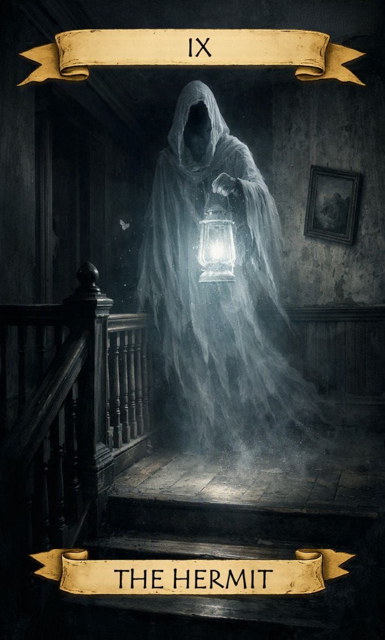 The Hermit tarot card: a hooded ghost with a lantern on a dark staircase