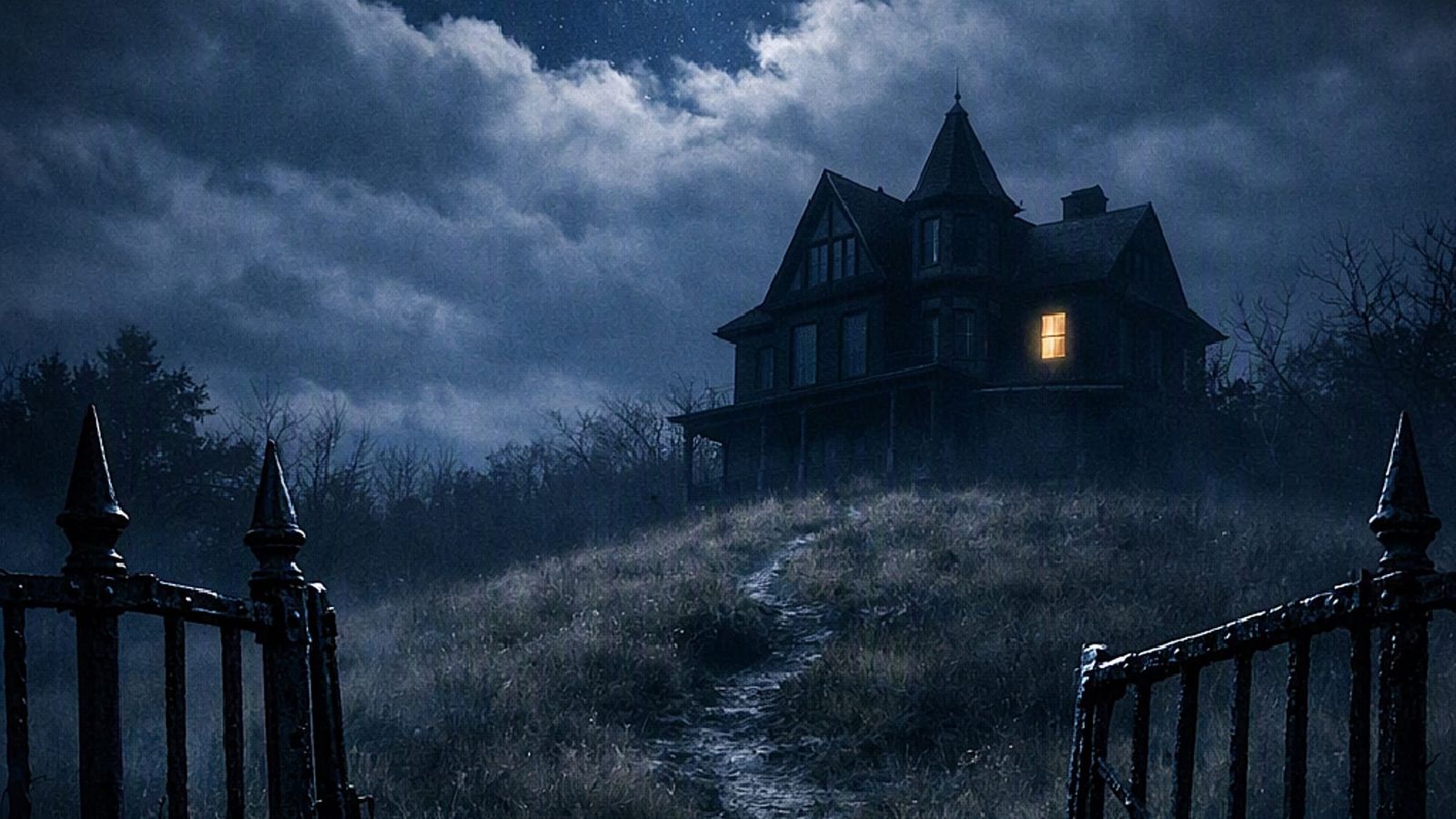 A haunted house on a moonlit hill behind an iron gate