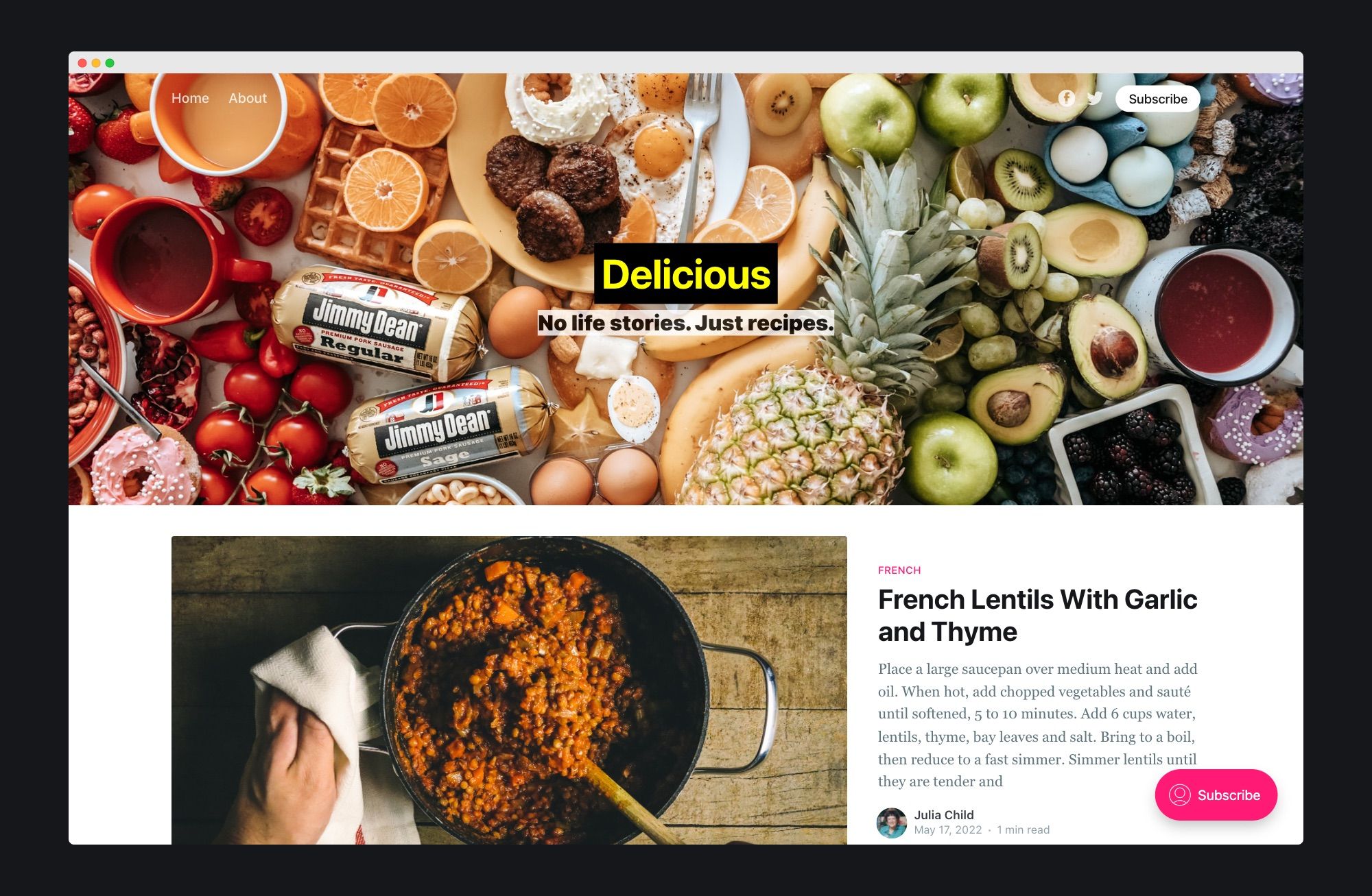 Example of a cooking website called Delicious