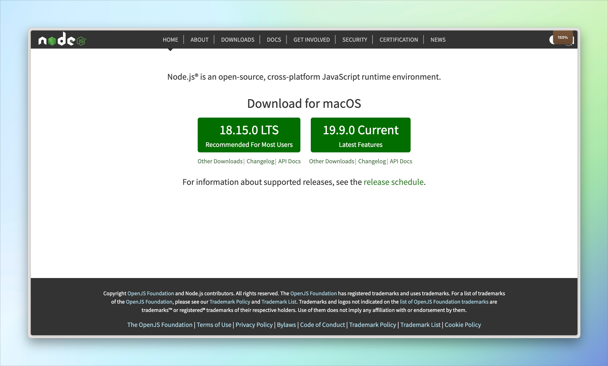 Choose macOS installer on Node js website