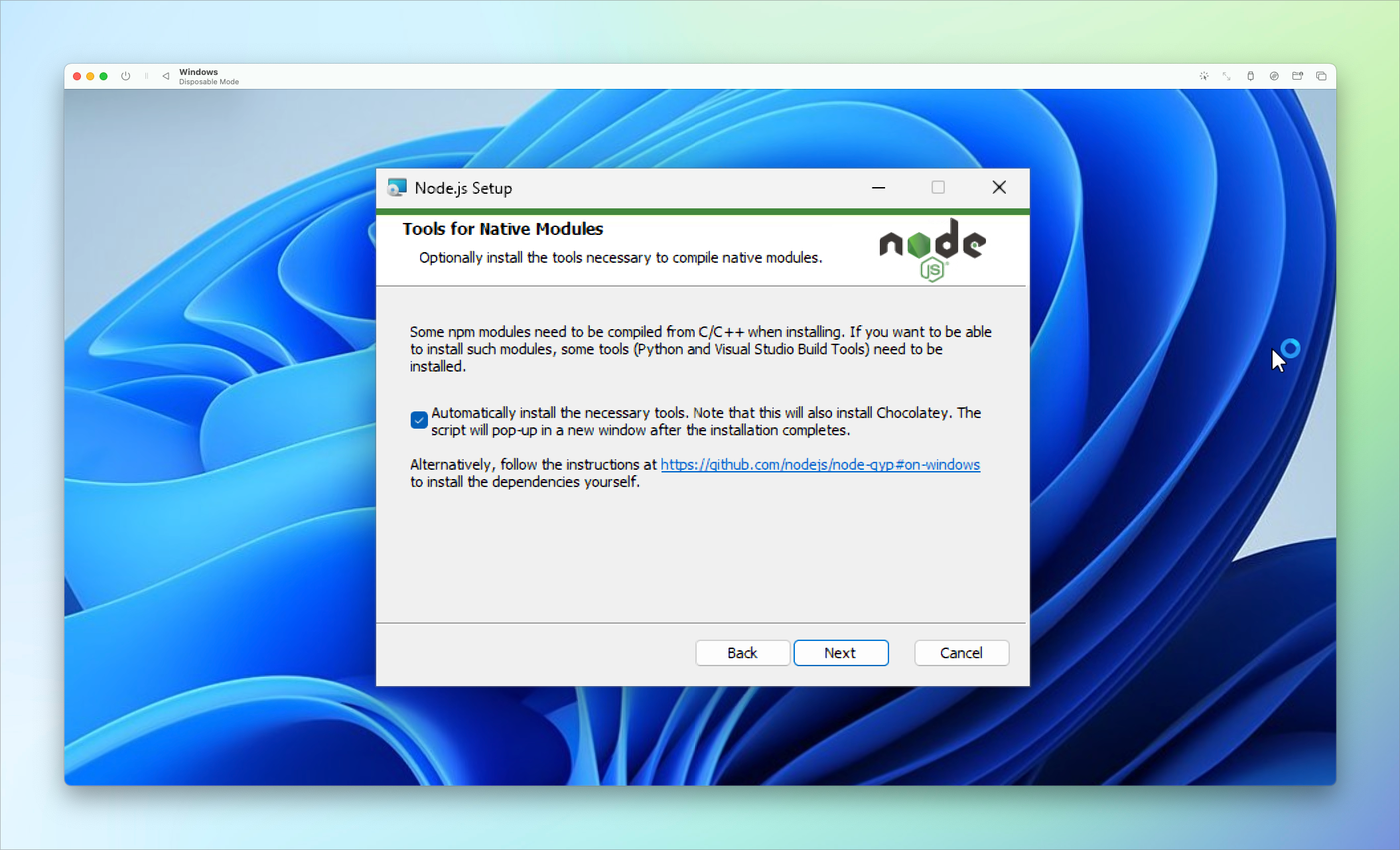 Check yes on the Tools for native modules screen