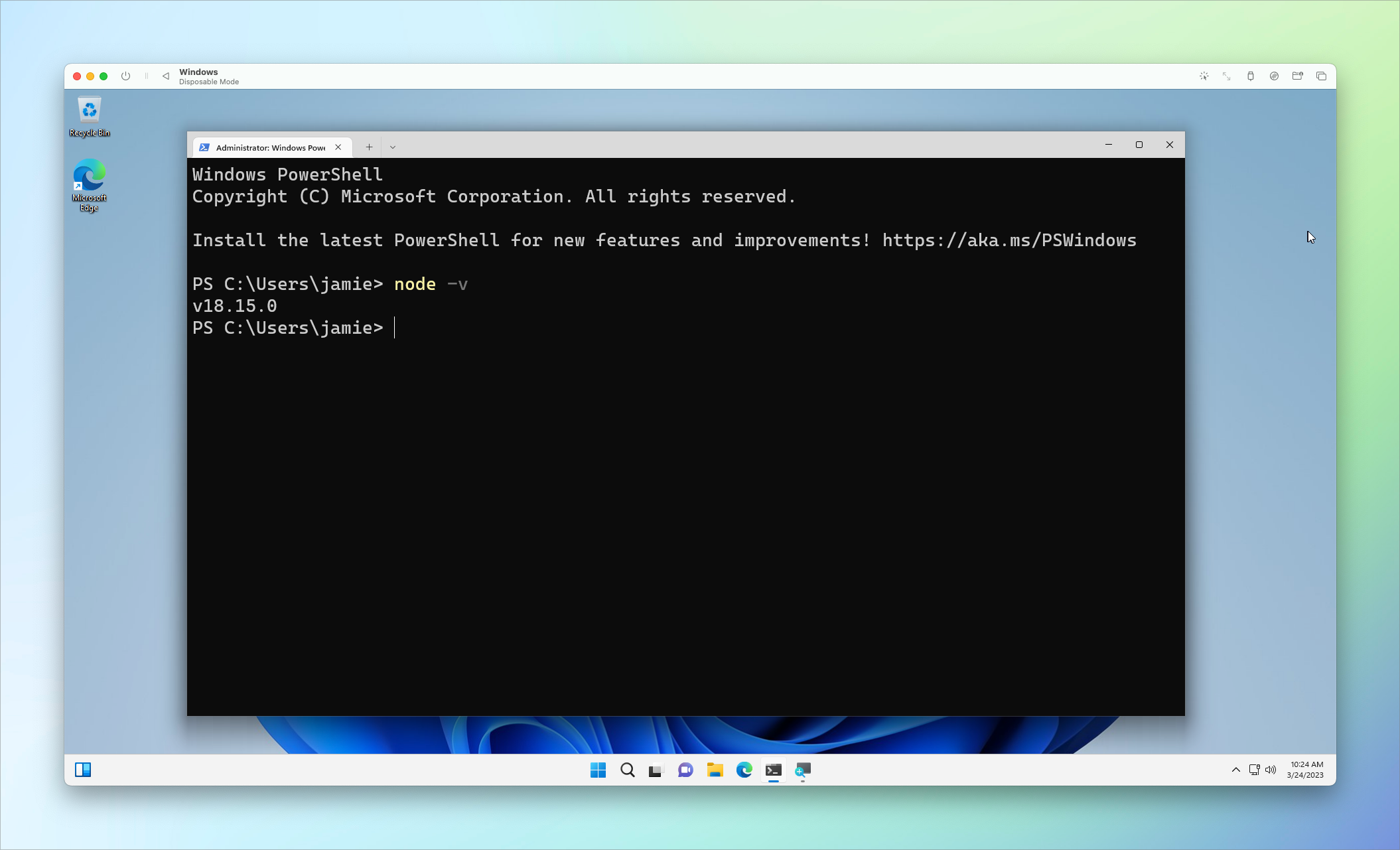 Terminal showing the node version