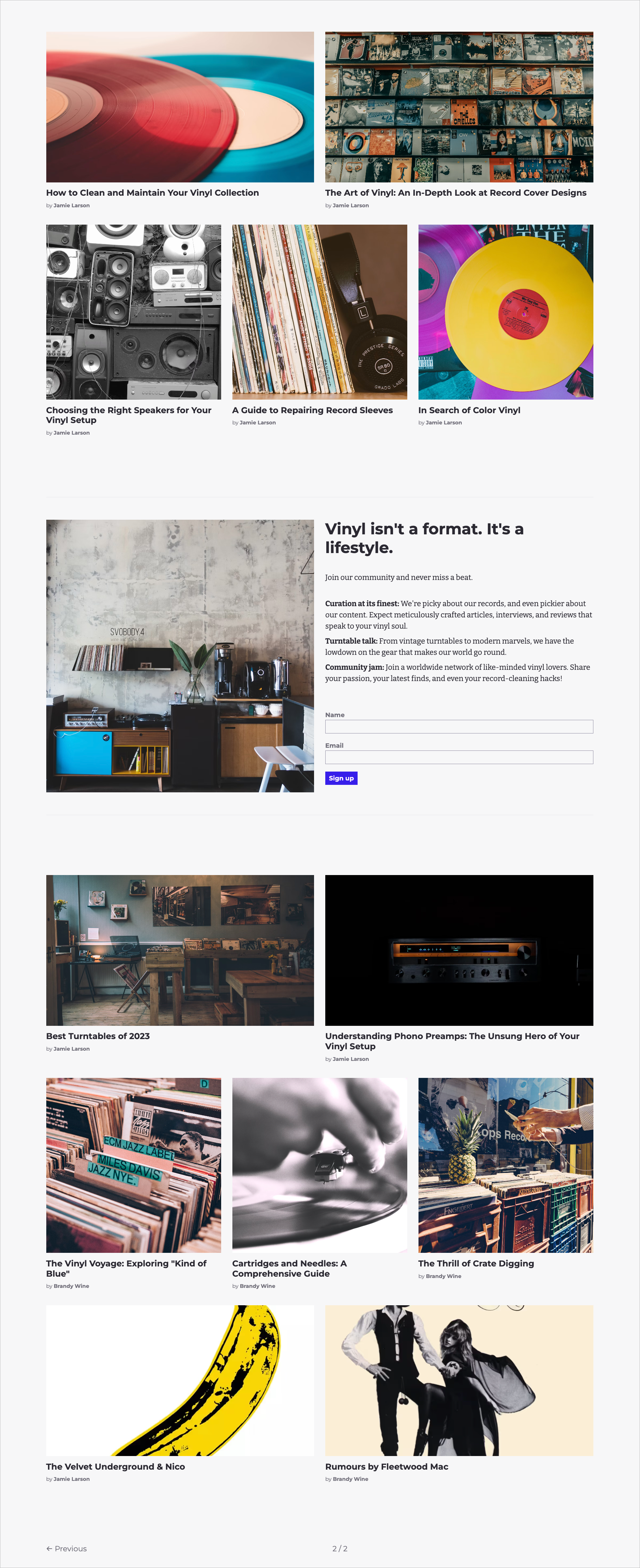 Of Record's index page, showing post cards and a call to action
