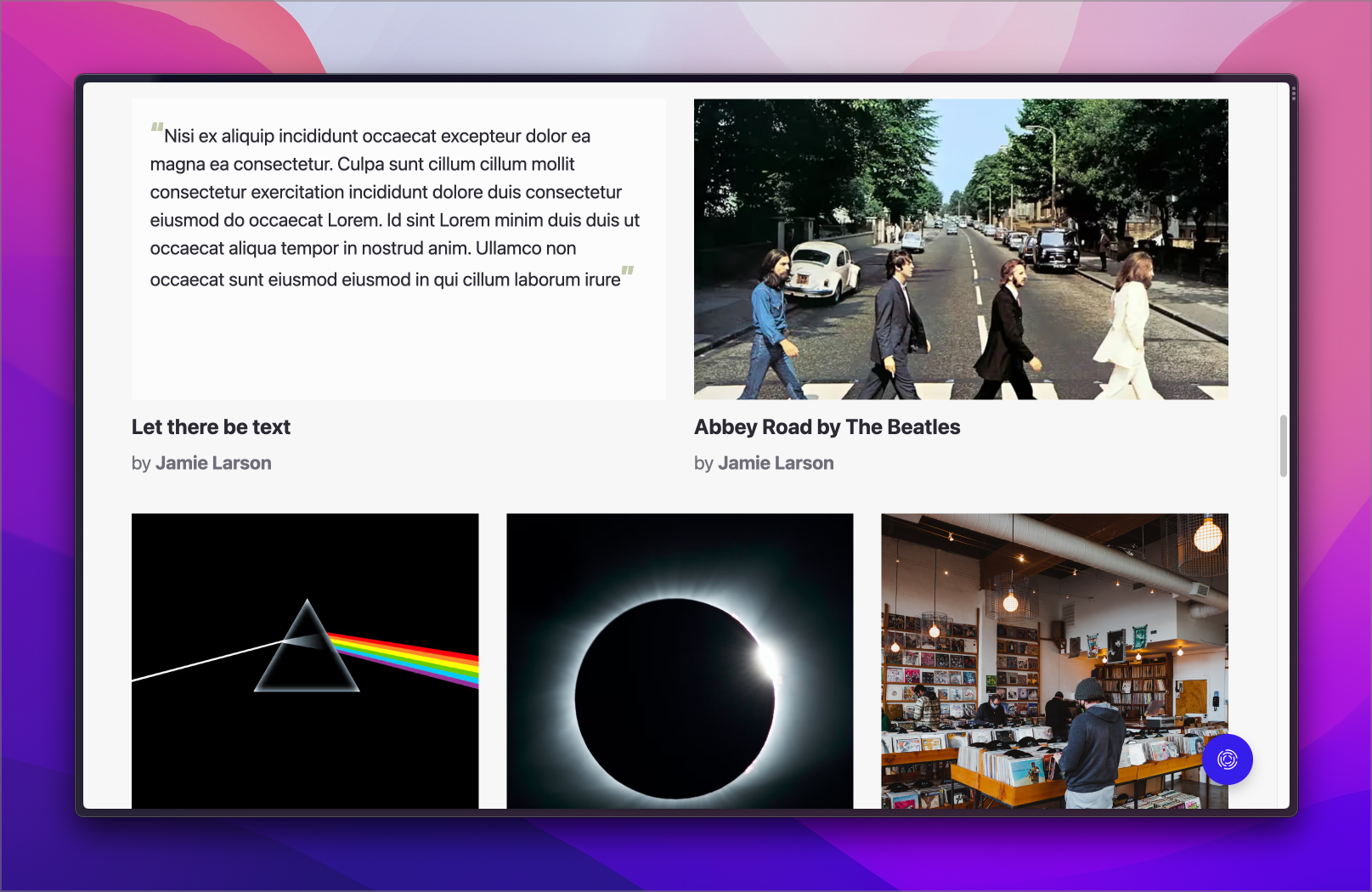 Grid of cards with one that has an text excerpt instead of an image