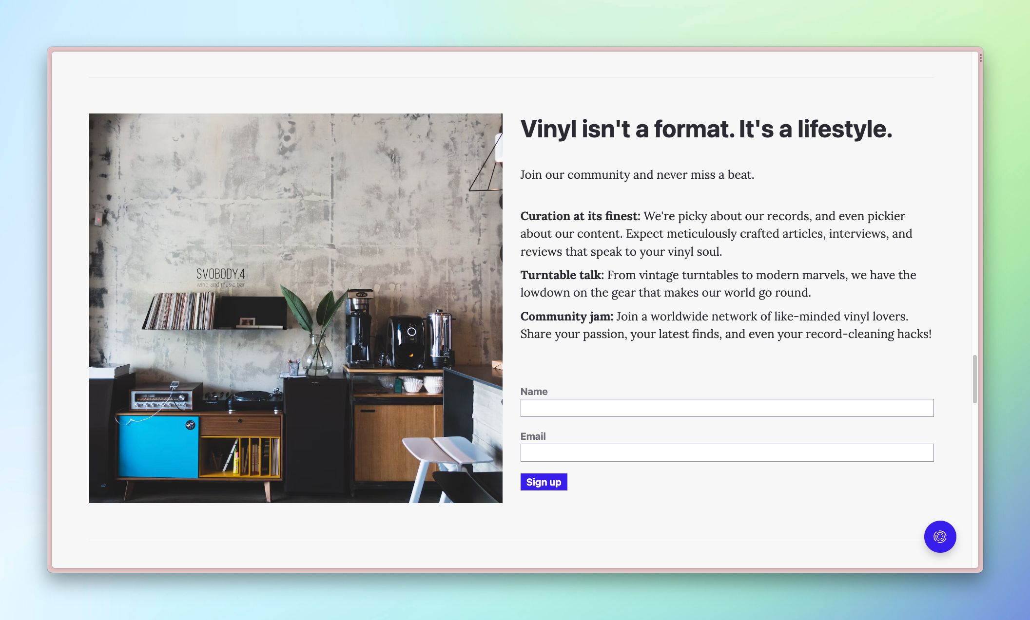Custom sign-up form from Of Record's webpage