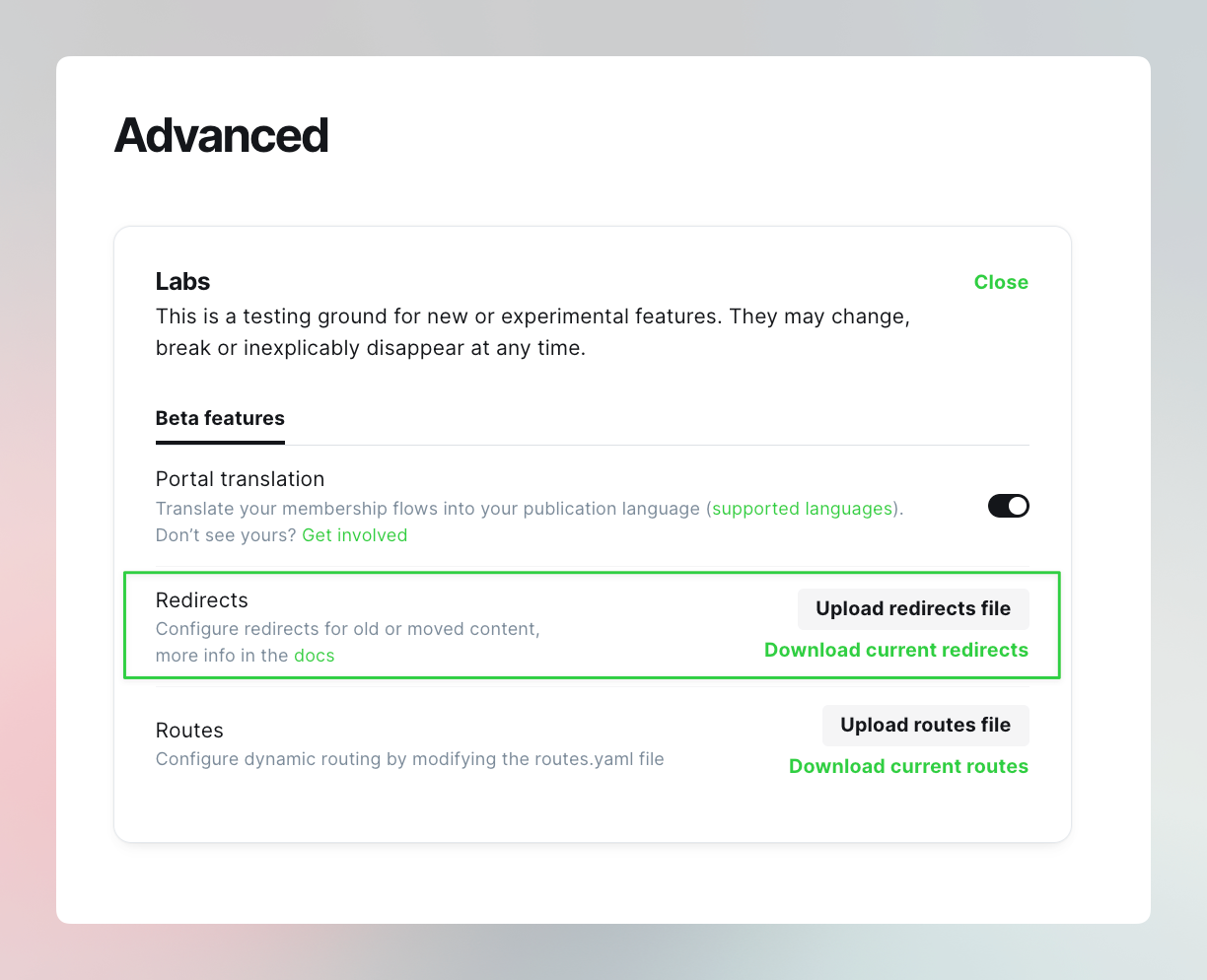 Ghost Admin page with Redirects area highlighted