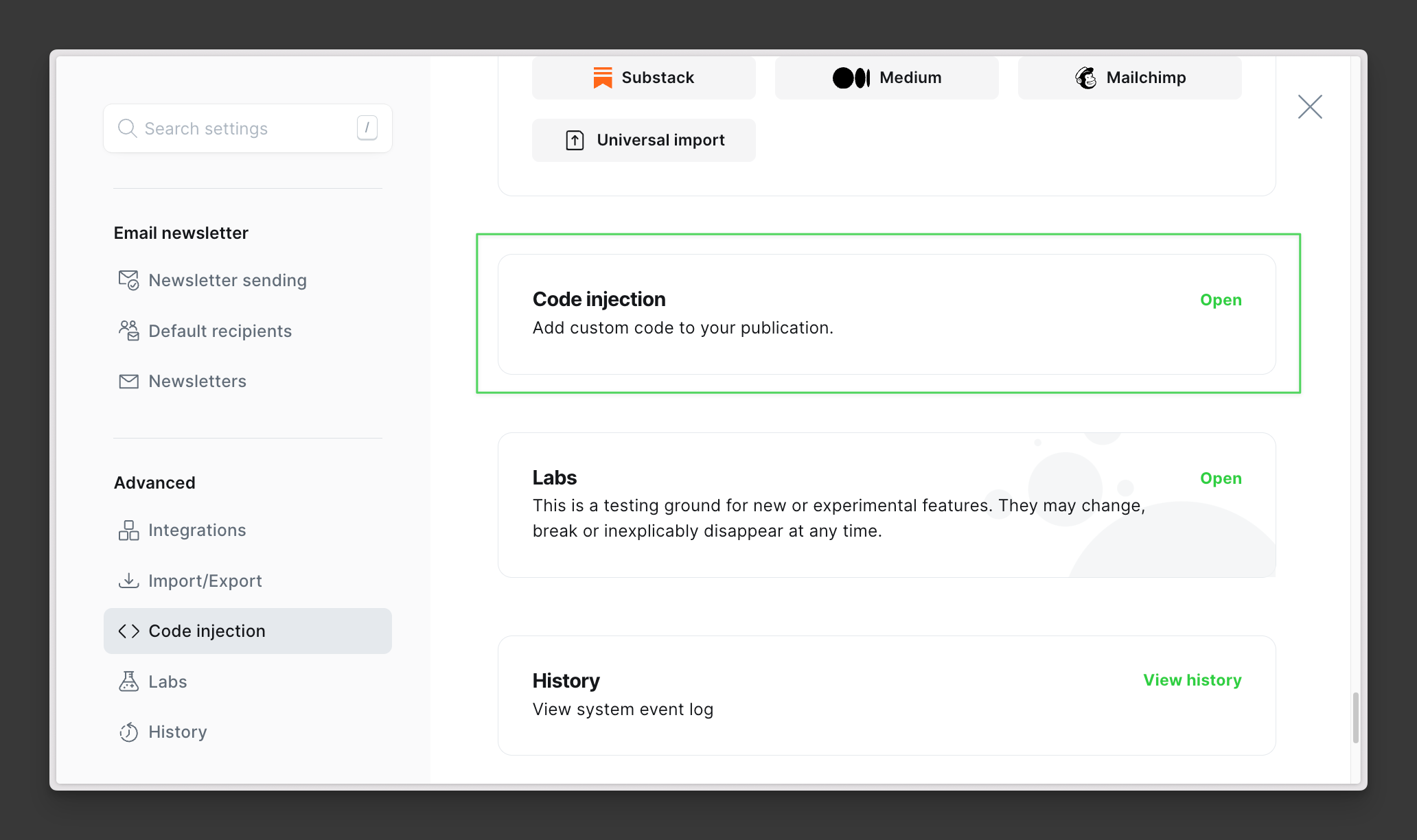 Ghost Settings page with Code Injection option highlighted