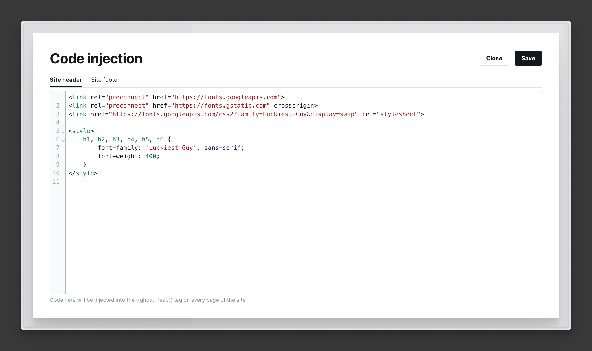 Code Injection Site Header with custom Google Font