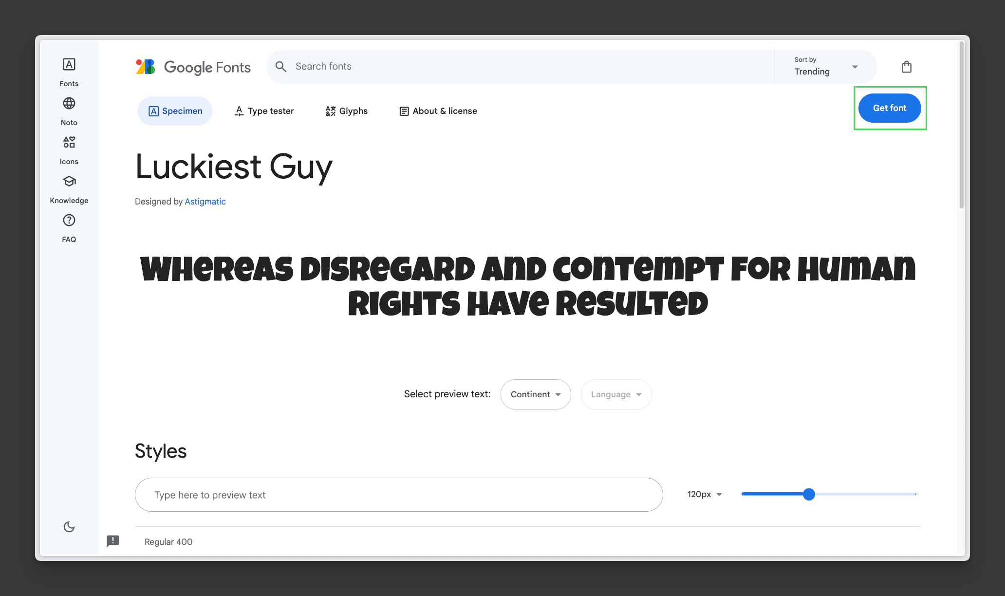 Google Fonts page with numbers indicating steps