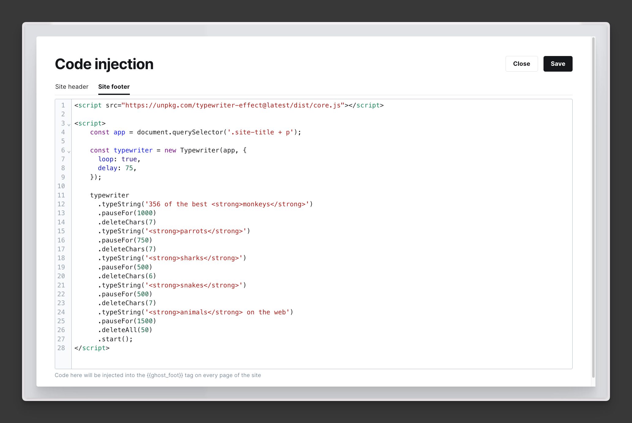 Ghost Code Injection Site Footer example